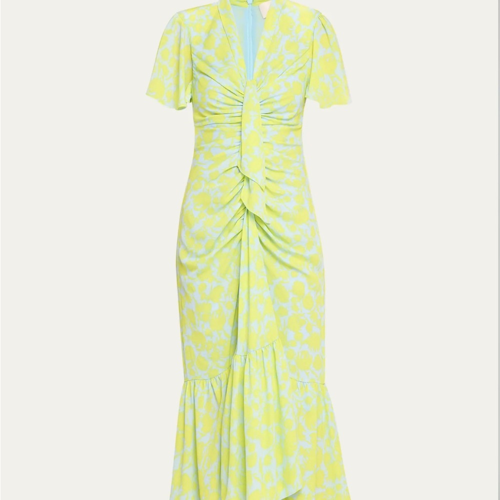 CINQ A SEPT Peeta Graphic Ruched Floral-Print High-Low MIDI Dress Sz 2
